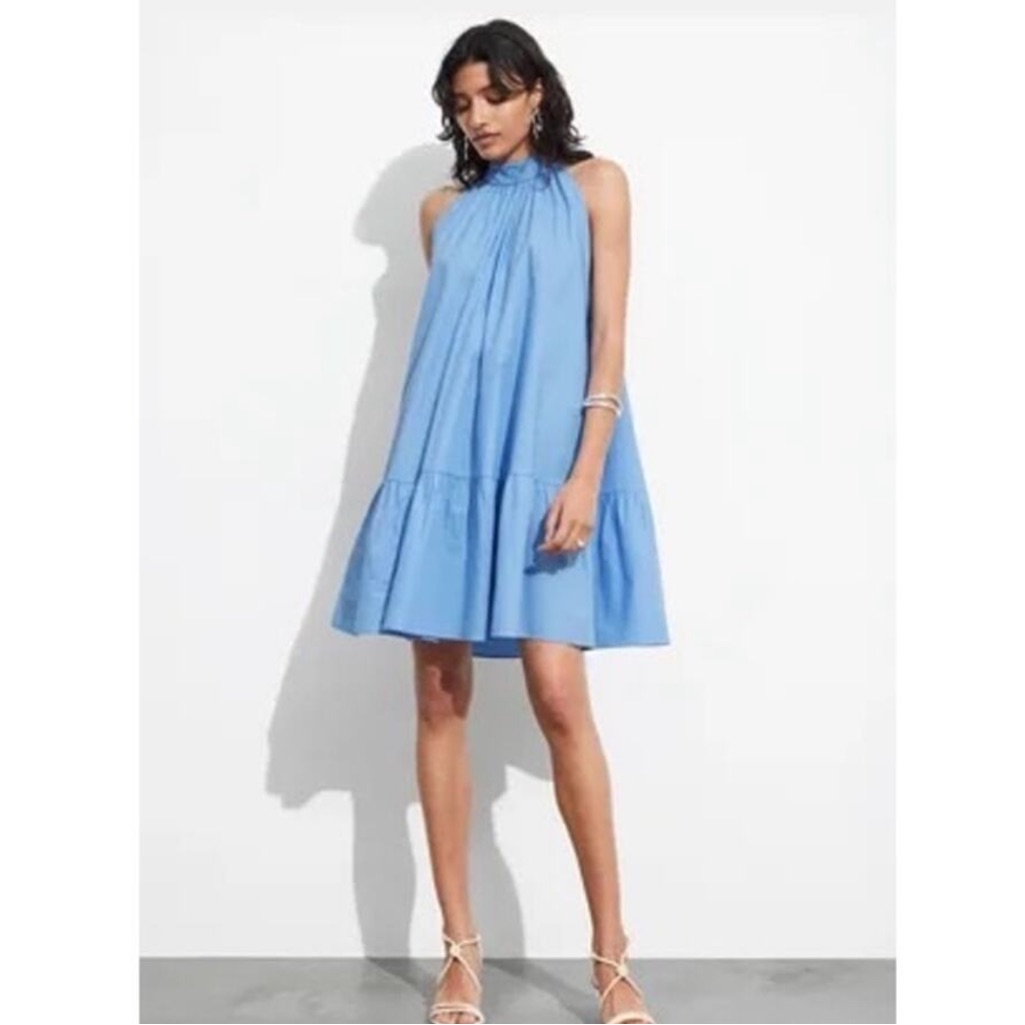 & Other Stories Blue Halter Bow Back Mini Trapeze Dress